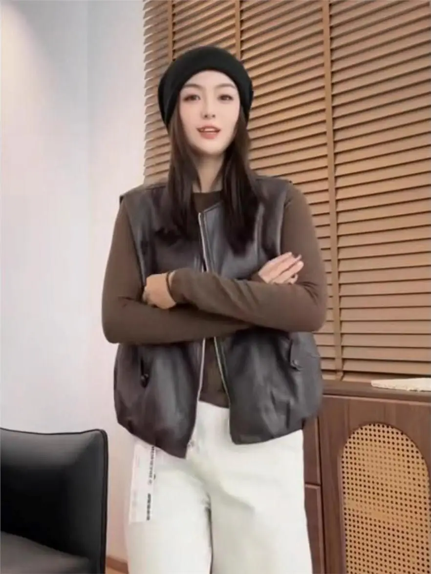 

Women's round Neck PU Leather Vest Jacket Sleeveless Outerwear Slimming Fashionable Commute Style Regular Length Color