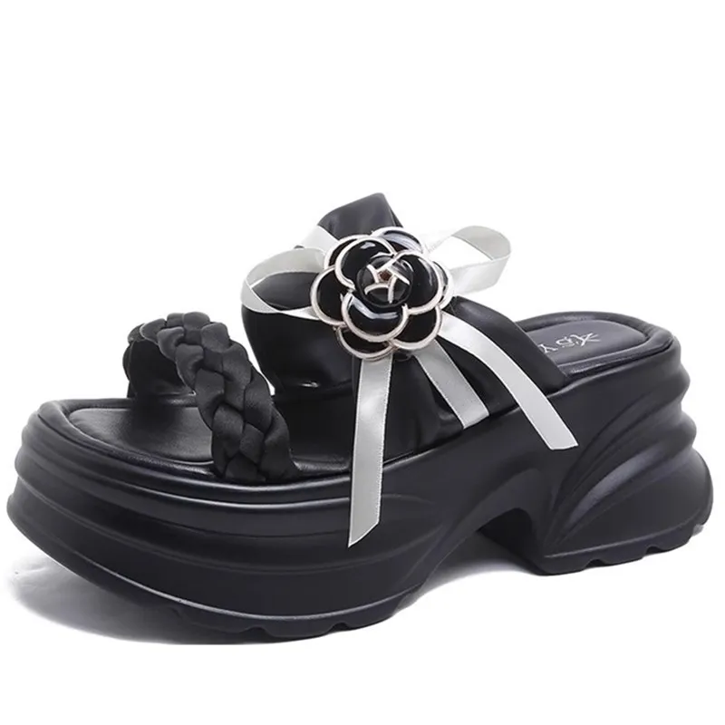 

Женские массивные тапочки на каблуке 9 см, кожаные сандалии на высокой платформе с открытым носком, новинка 2023 года, летние пляжные шлепанцы на толстой подошве