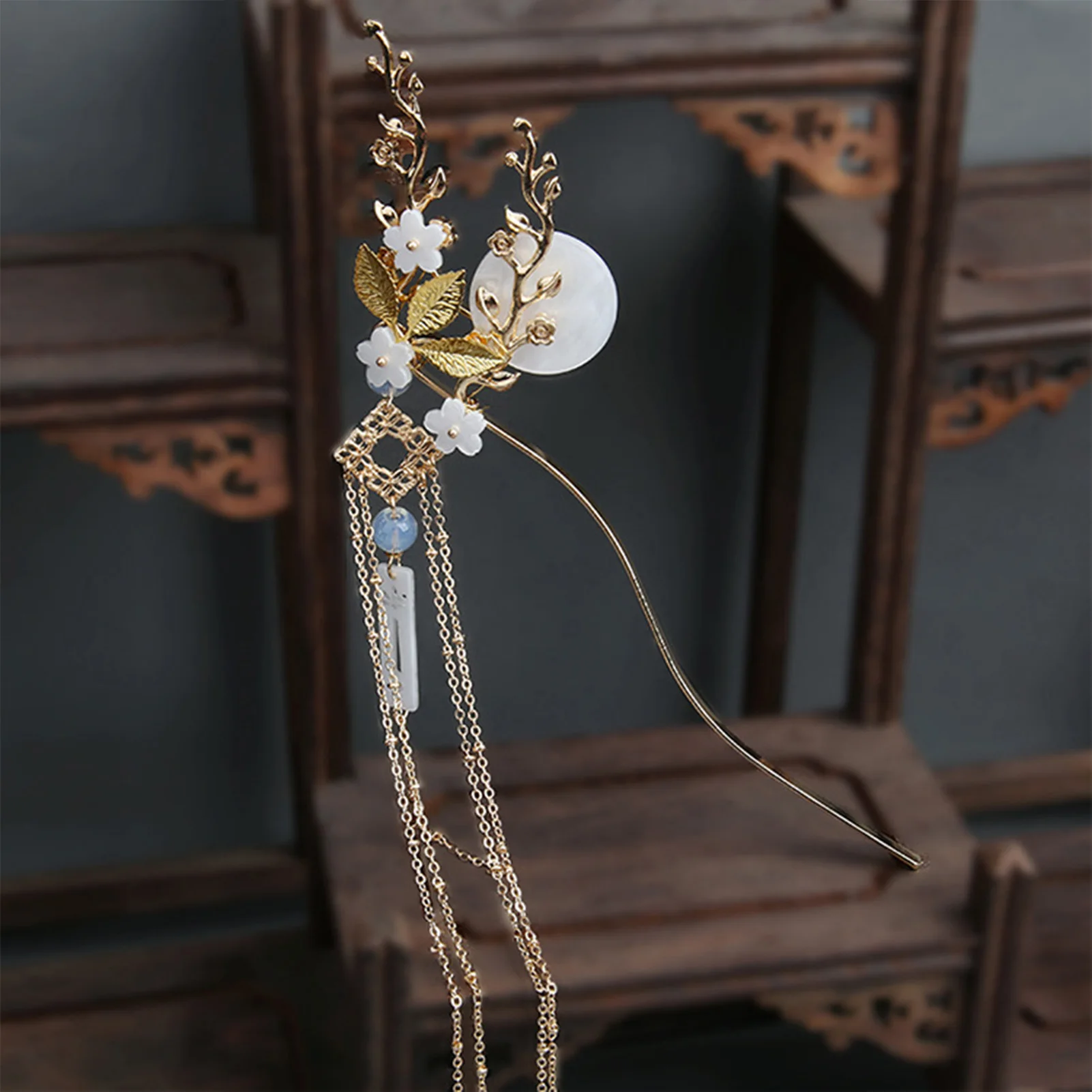 Ethnic Style Hair Stick Chinese Hair Accessories Moon Tassel Hairpin Fork Vintage Hair Clasp Fairy Girls Hanfu Hair Bun Jewelry