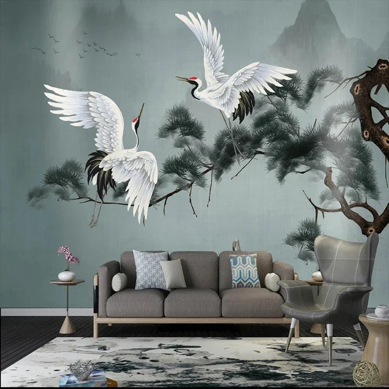 Custom 3D Mural Chinoiserie Wallpaper Pines And Red-crowned Cranes Wall Painting Wall Papers For Living Room Sofa TV Background