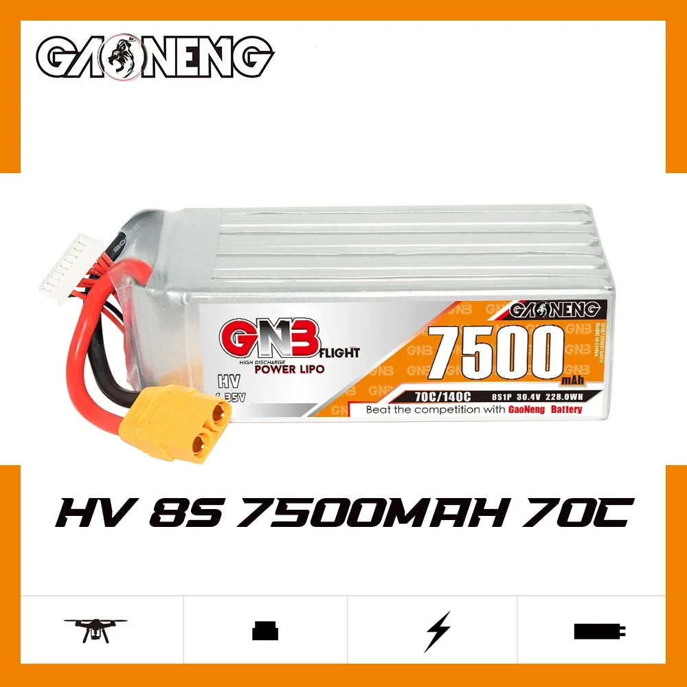 

GAONENG GNB 7500mAh HV 8S 70C 140C 30.4V XT90 LiPo Battery 10inch Xclass FPV 1/7 1/8 scale vehicles FMS EDF Jets and 3D Plane