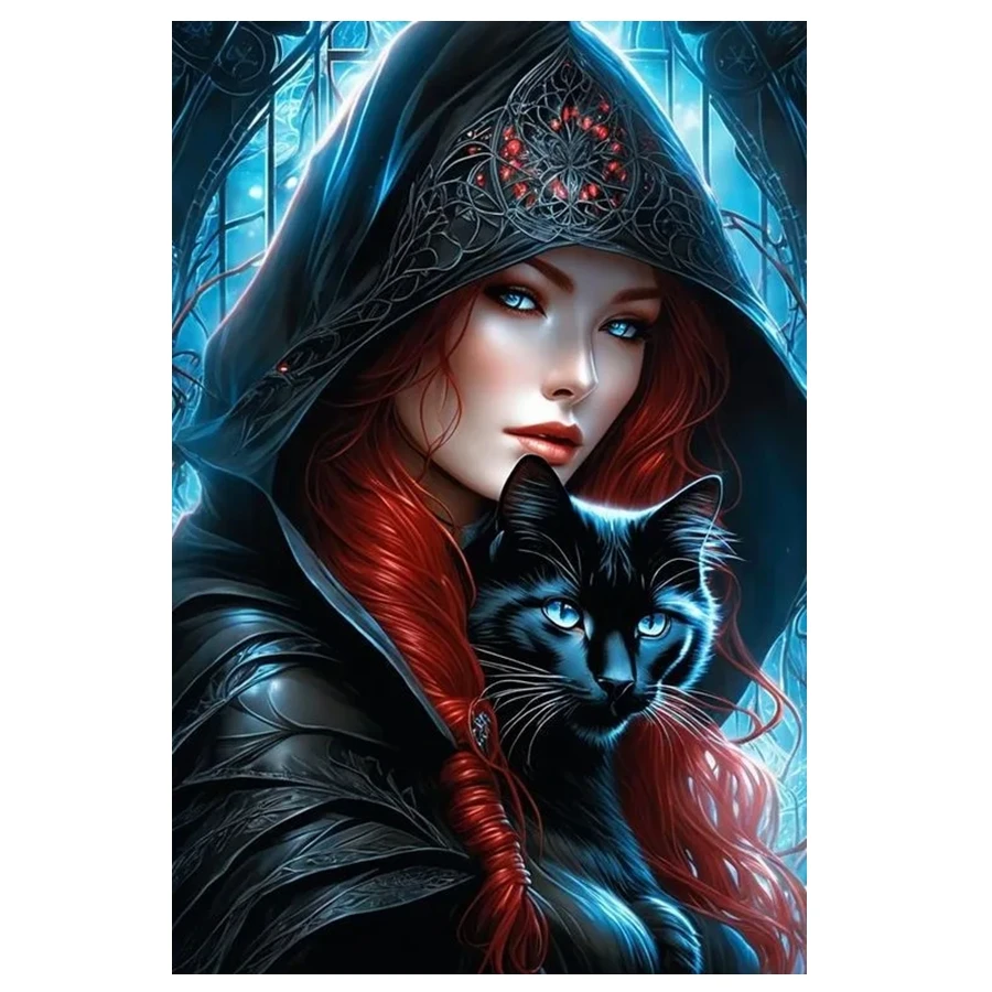 Witch Beauty And Black Cat Halloween Diamond Pinting Art Diy 5d Full Drills Gothic Elf Mosaic Cross Stitch Home Decor Gift
