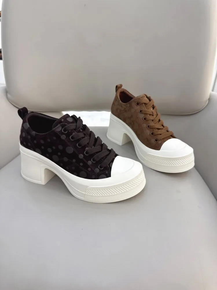 New Autumn Fashion Women High Heel Pumps Lace Up Platform Office Ladies Polka Dot Pattern Printed Cow Suede Chunky Heels Shoes