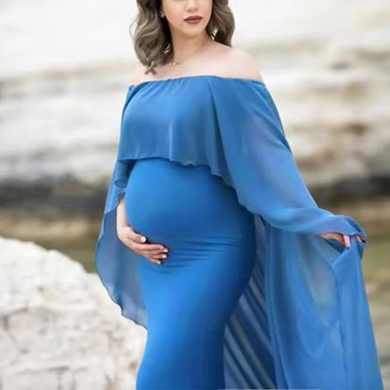 

Maternity Dresses with Cape Session Photos Pregnant Women Off Shoulder Maxi Long Dress Summer Elegant Ladies Pregnancy Clothes