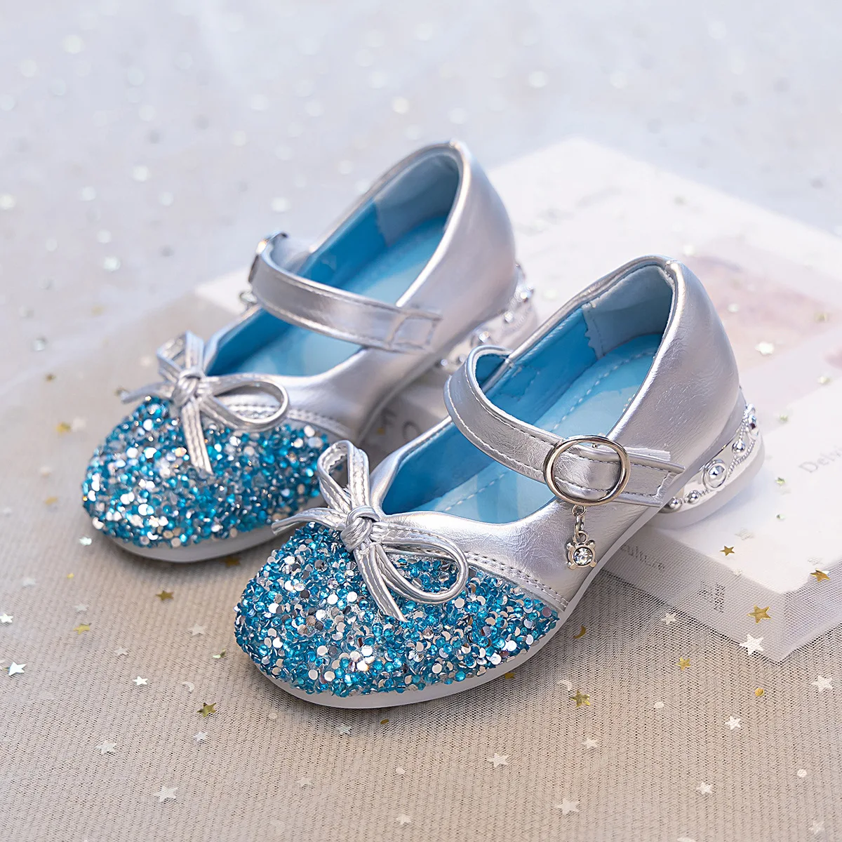 Kids'Casual Shoes Girls PU Leather Spring Fashion Sequin Bow Outdoor Flat Bottom Anti-slip Blue Silver Size 26-36