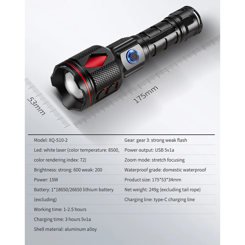 Zoom Impermeável Mini Lanterna LED, 3 Modos de Luz, Lanterna, Construído Em Bateria, Luz para Camping, Pesca, Caminhadas