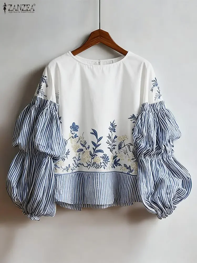 2025 ZANZEA Moda Donna Camicetta con maniche a lanterna a righe Stampa floreale Tunica Top Autunno Casual Manica lunga Elegante Camicie da ufficio
