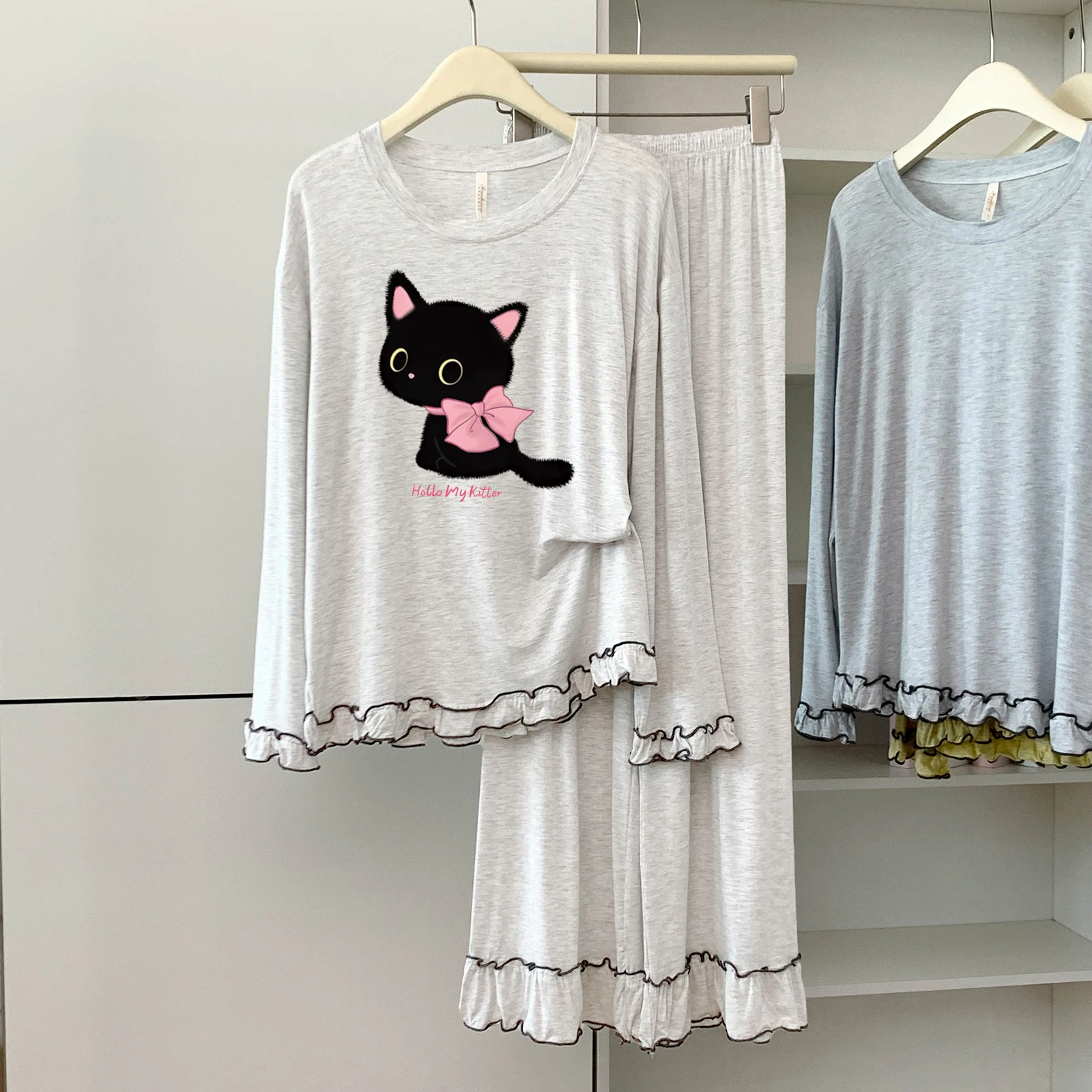 

5174-18 Modal Cotton Round Neck Long-Sleeved Long Pants Pajamas for Women Spring and Autumn Thin Loose Soft Comfortable Home Wear