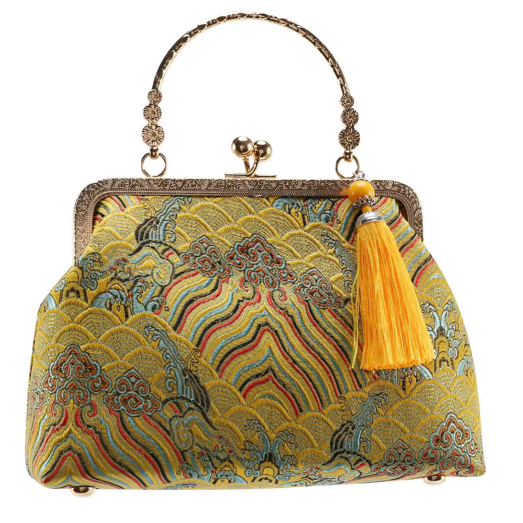 

Retro Su Haiya Wind Cloth Bag Temperament Elegant Tassel Cheongsam Bag Gold Banquet Bag Portable Diagonal Package Yellow