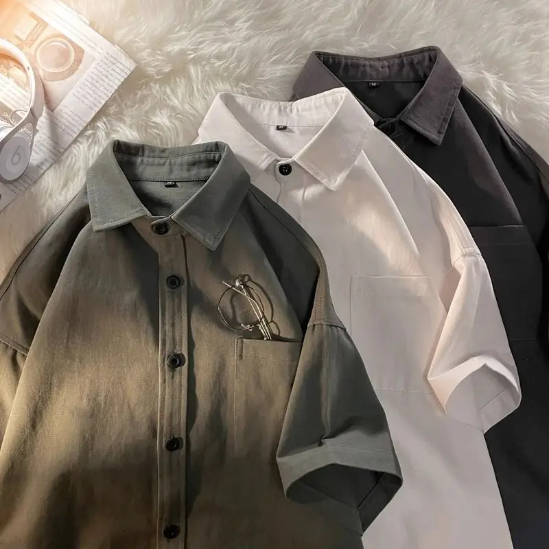 Hong Kong style retro short-sleeved shirt for men in summer versatile niche loose half-sleeved Korean style trendy handsome tops