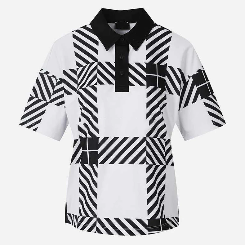 Summer Golf Shirt Women's New Fashionable And Versatile Short Sleeves Top Black And White Checkered Pleated Short Skirt