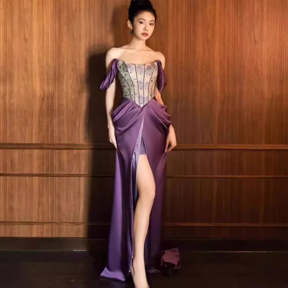 Morning Gowns Toast Dress Purple Engagement out of Court Banquet Light Luxury Minority Trailing Tube Top Evening for Women