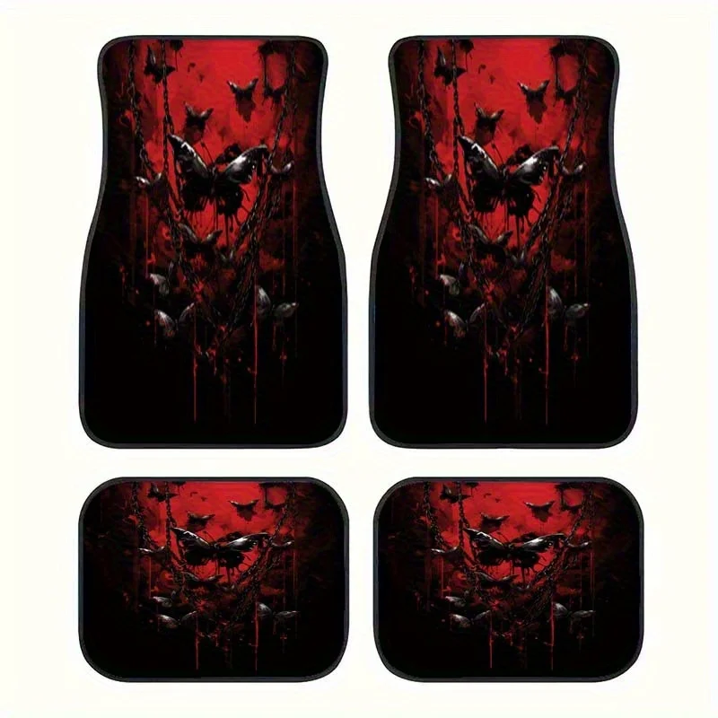 

Red Chain And Butterfly Print Fashion Car Floor Mats, Comfortable Crystal Velvet Vehicles Floor Mats, Front & Rear Full Coverage