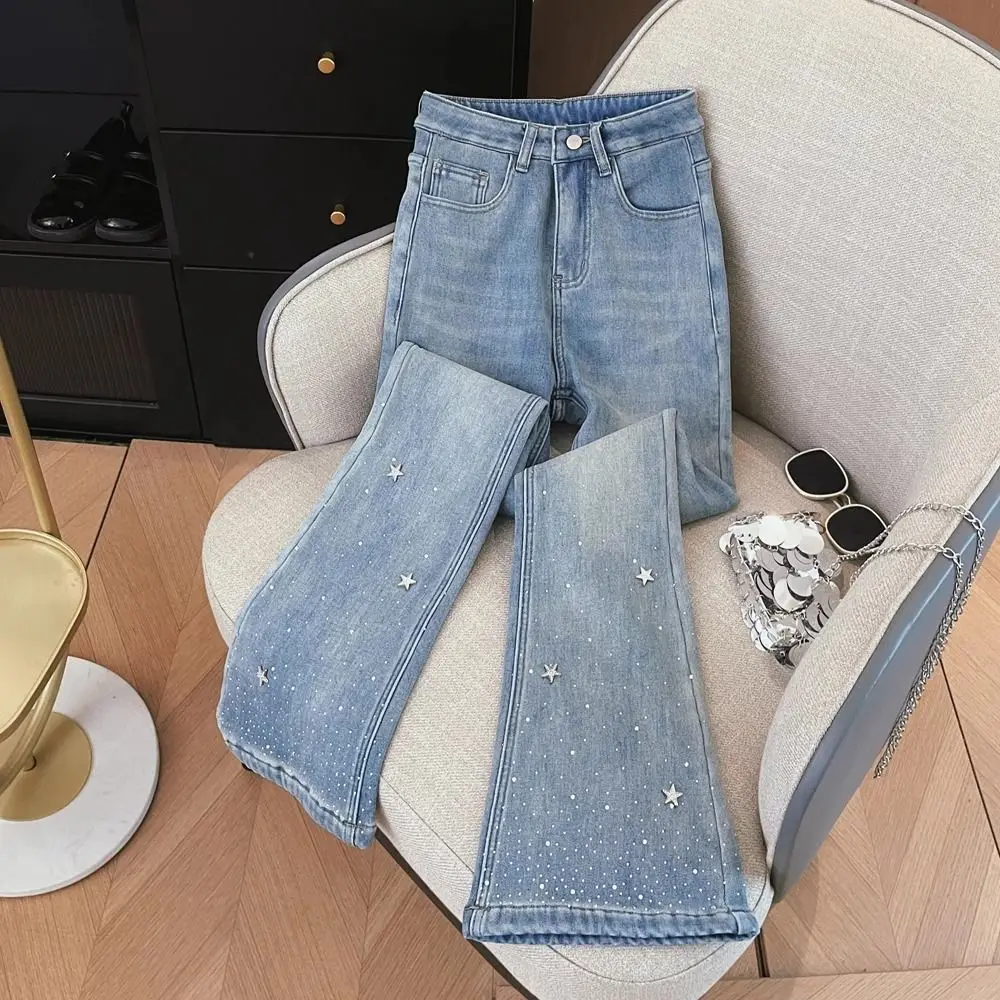Light Blue Star Diamond Micro Flare Jeans 2025 New Women's High Waist Slimming Denim Trousers Korean Versatile Pants ﻿