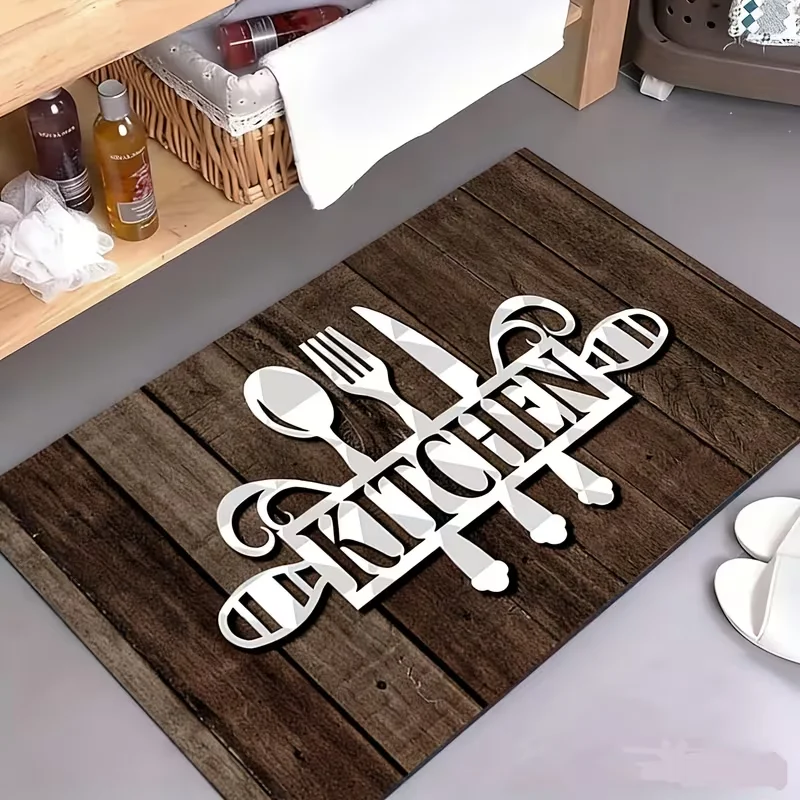 Vintage Dark Wood Spoon Fork Knife KITCHEN Letter Print Doormat Anti Slip Floor Mat Kitchen Front Door Mat Indoor Entryway Rug