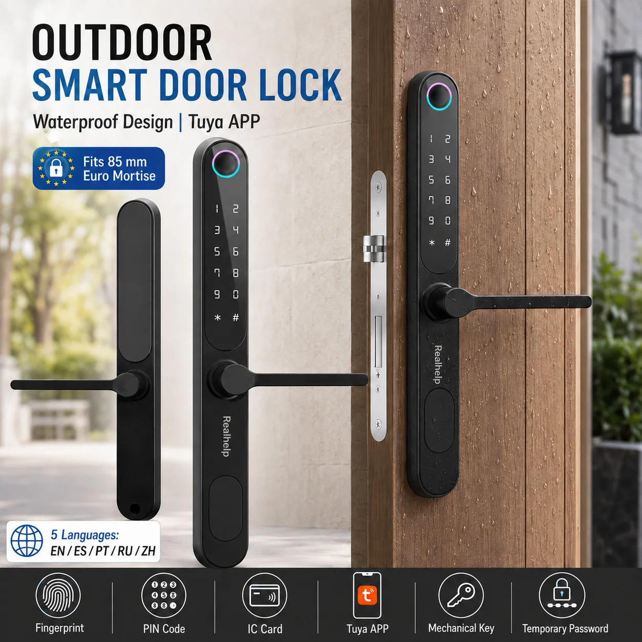 Serrure de porte intelligente Tuya avec poignée, clavier à empreintes digitales, carte IC, clé mécanique, étanche pour extérieur, mortaise européenne 85 mm