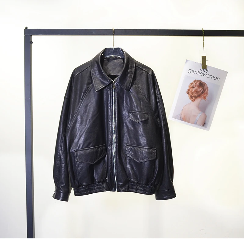 女性のシープスキンコート秋冬女性メイラードカラージッパーポケットルーズショートリアルレザーボンバージャケットジャッケンダム