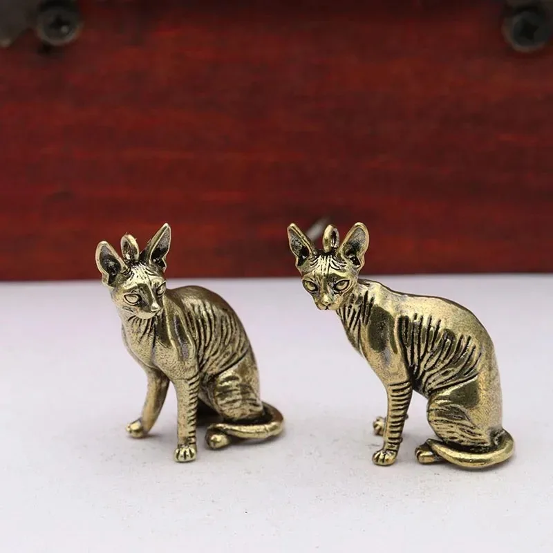 Mini Solid Brass Hairless Cat Statue Figurine, Vintage Lucky Animal Desktop Ornament, Home Decoration Craft Accessory Supply