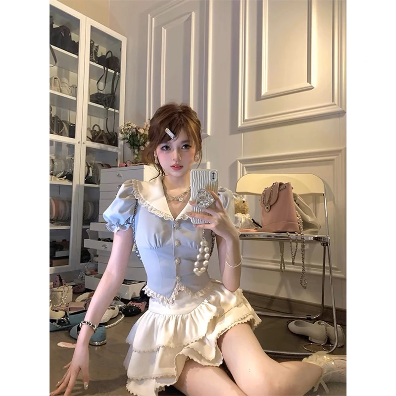 MEXZT Kawaii Cropped เสื้อสีชมพูผู้หญิงญี่ปุ่นน่ารักลูกไม้ Patchwork เสื้อฤดูร้อน Y2K พัฟแขนสั้น Slim Design Tops ใหม่