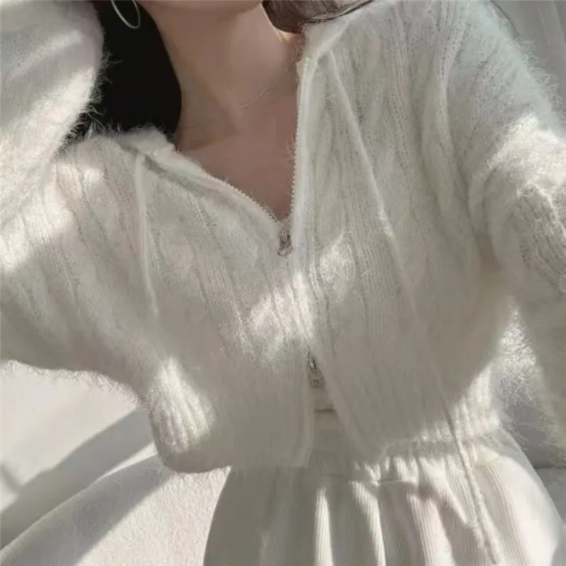 

Short White Sweater for Women Chic New Fall Women Furry Hooded Knitted Cardigan Black Pink Grey Khaki Zipper Jumper Knitwear