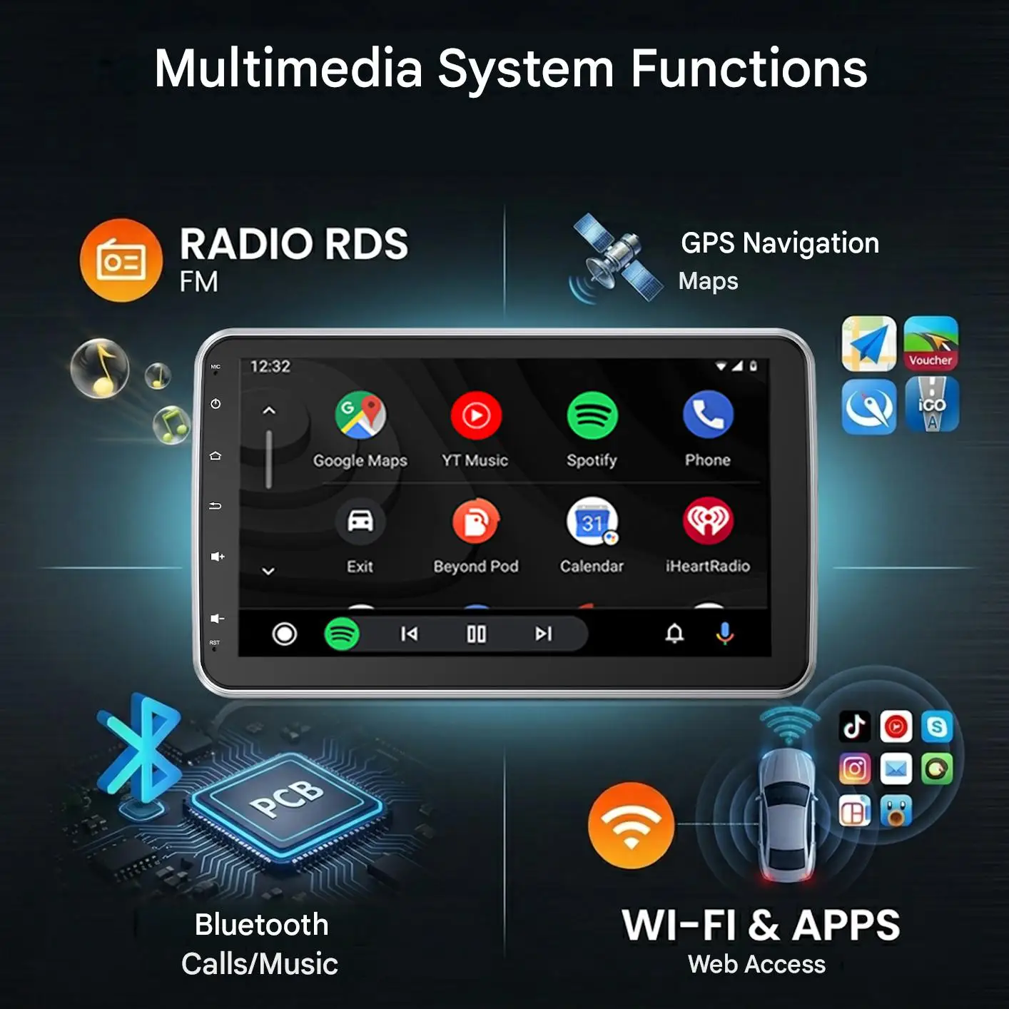 ESSGOO 10,1" Android 15 4+64G Radio universal 1 DIN con pantalla giratoria 360° y micrófono, CarPlay y Android Auto inalámbricos, GPS, RDS FM, WiFi, Bluetooth, Mirror Link, control de volante, pantalla táctil, reproduc 3