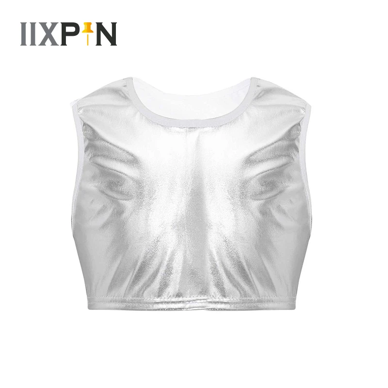 

Kids Boys Girls Ballet Dance Crop Top Sleeveless Shiny Bronzing Cloth Vest Tank Tops For Jazz Dancing Stage Performance Workout