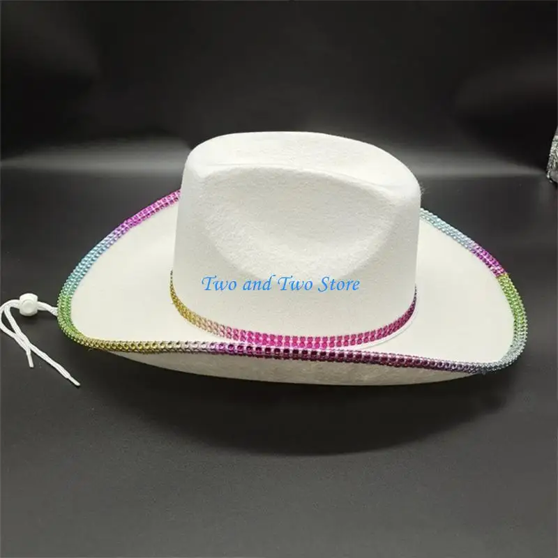 

HX6F Wide Brim Cowboy Hat Disco Rhinestones for Bachelorette Party Stage Dancing