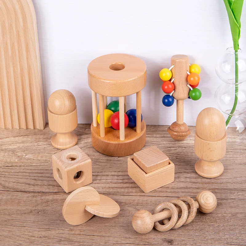 Baby soothing, grasping, shaking hands, shaking wooden bells, baby molars, interactive beech puzzle toys, early education shapes