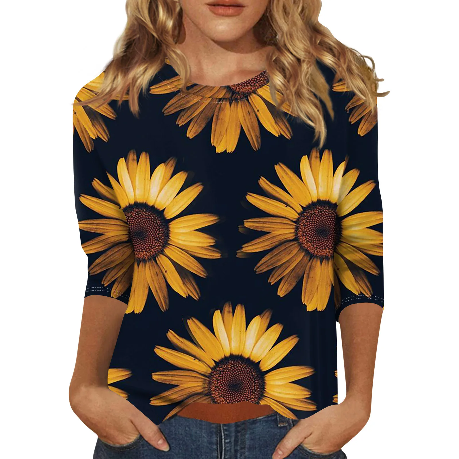 Women\'s t shirt Sunflower print Loose Casual blouse Floral Print Round Neck Three-quarter Sleeves Daily Versatile tops camisetas