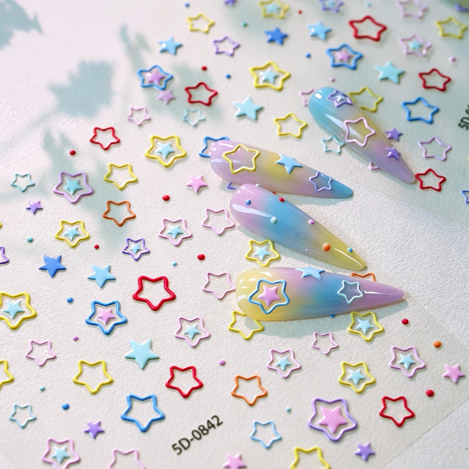5D Embossed Macarons Hollow Out Star Nail Sticker Korean Pentagram Polka Dots Nail Decals Cute Five-pointed Stars Nail Decoratio