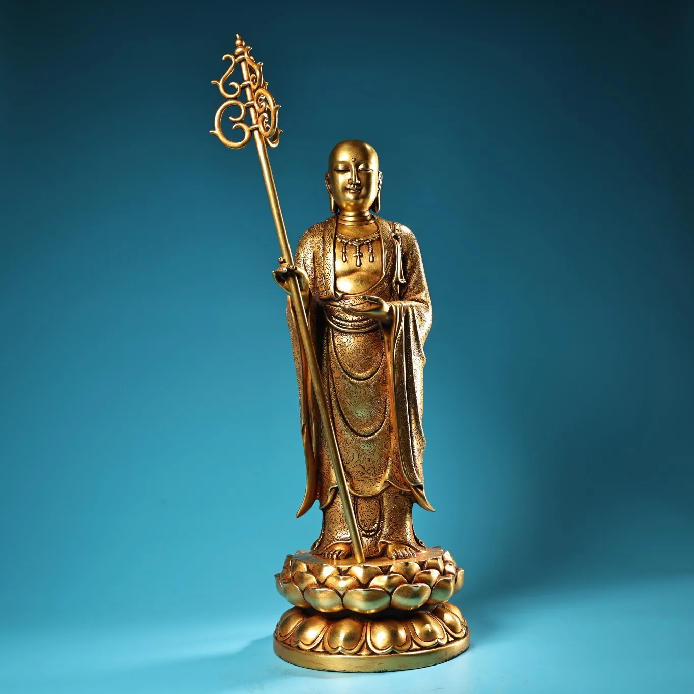 

20"Tibetan Temple Collection Old Purple Bronze Gilded High Relief Ksitigarbha Bodhisattva Standing Buddha Double Lotus Platform