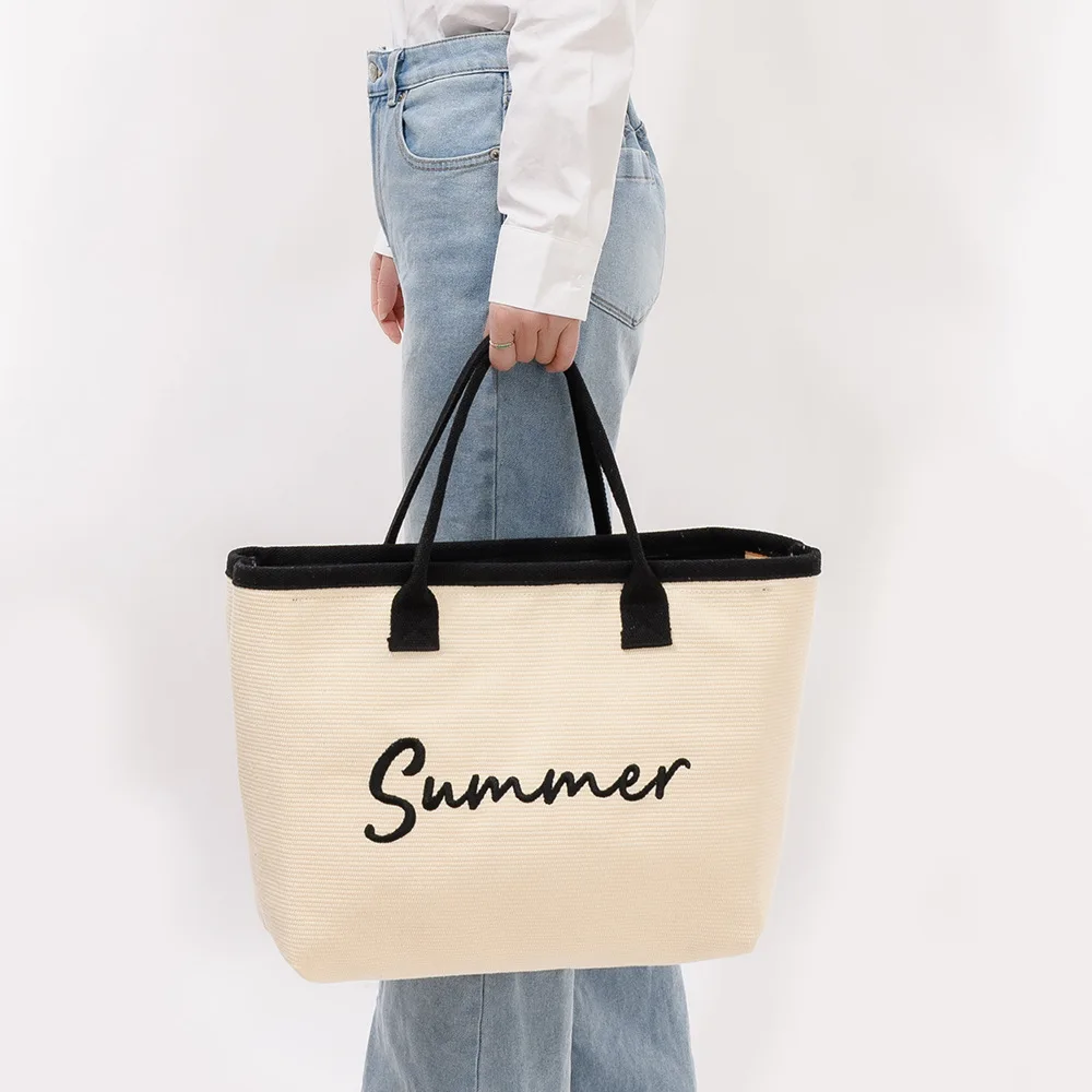 New Woven Bags Embroidered Summer Letters Design Totebag Cross-border Large Capacity Handheld Beach Vacation Zipper Women's Bag