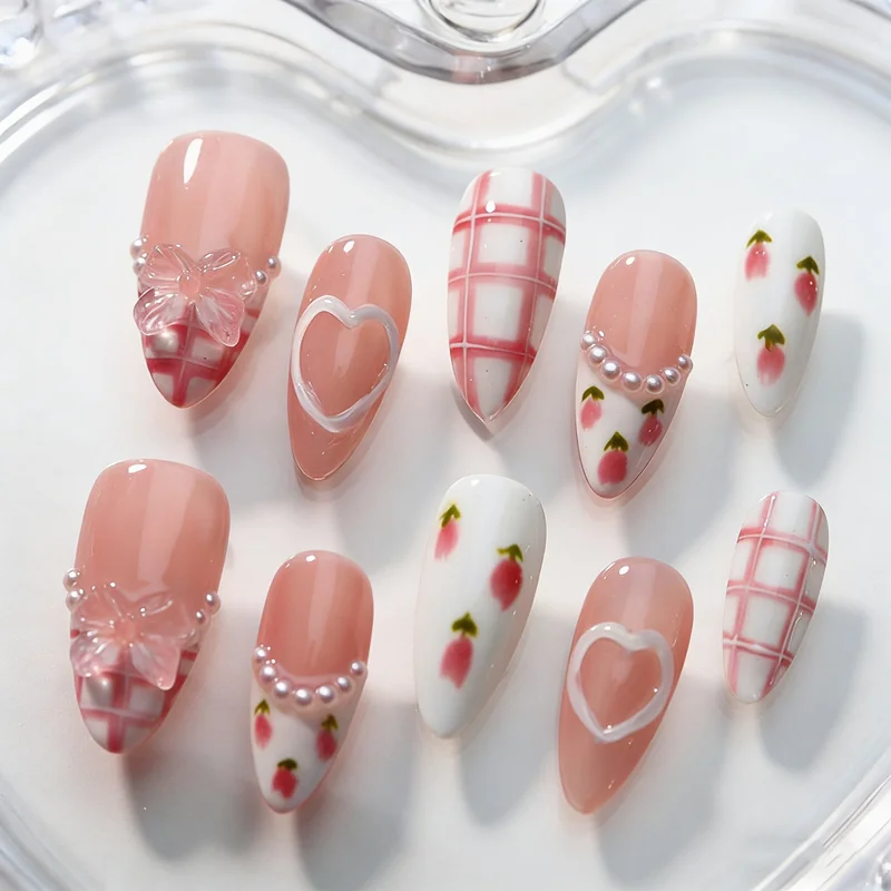 

Handmade Wearable Press On Nails French Medium Oval Artificial False Nails Love Gemstone Charms Manicure Ballerina Finger Art