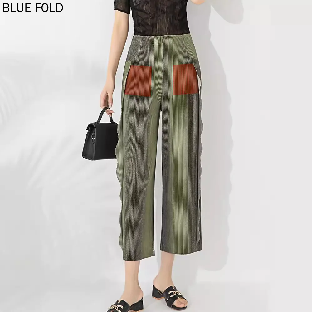 

MIYAKE Pleated Casual Pants Women's Spring New Fashion Versatile Gradient Printed Ruffled Drape Nine-Point Pants PLEATS Trousers