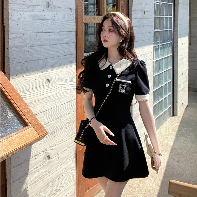 Polo One Pieces Korea Contrast Color Women\'s Dress With Collar Summer Sweet College Sundress Y2K Short Sleeve Mini Skirt Kpop