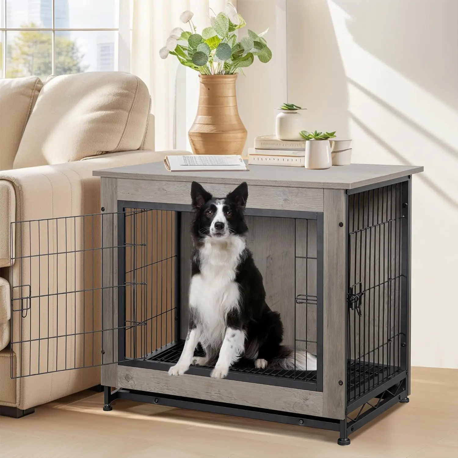 Wooden Dog Crate Furniture for Large Dog, L Double-Door Kennel Indoor with Removable Tray,