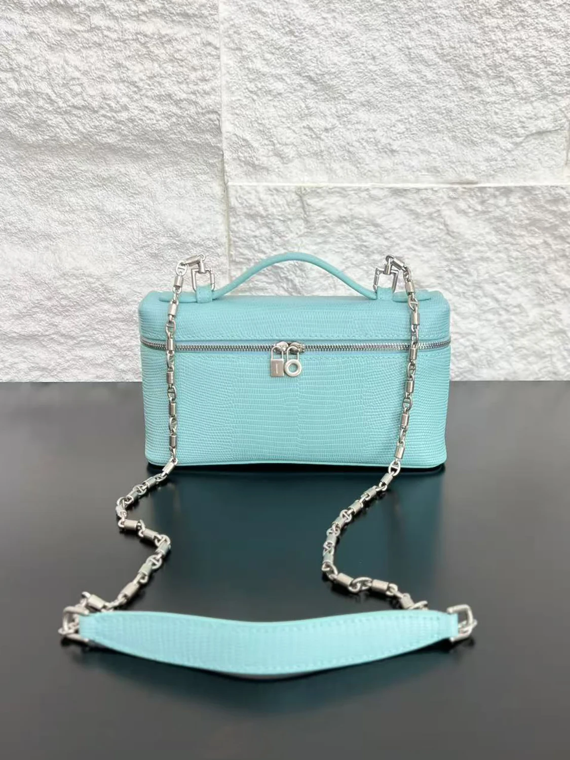 Top Layer Cowhide Lizard Pattern Handbag LP Chain Shoulder Crossbody Makeup Box Bag Soft Square Shape Women's Summer Bag