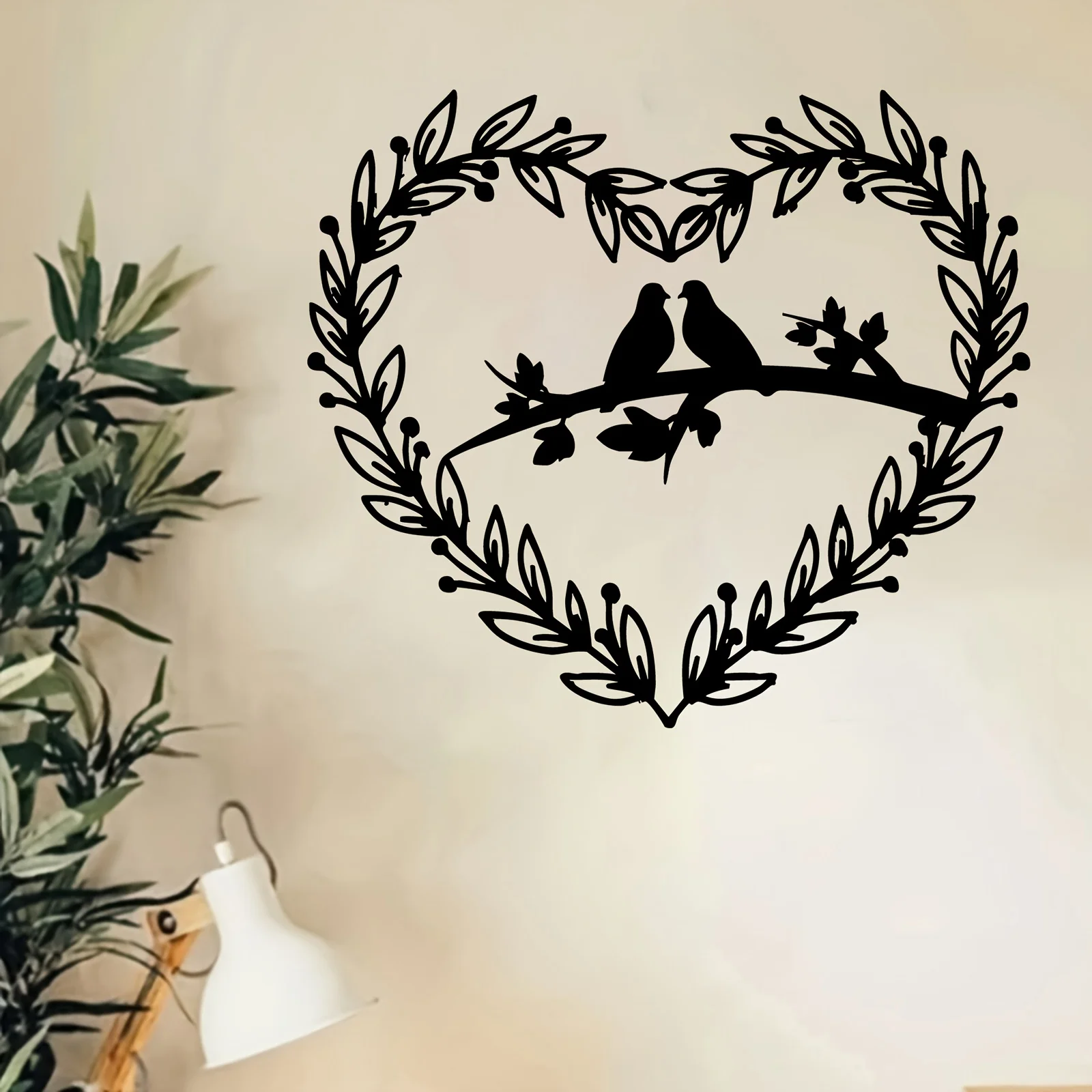 Heart And Dove Metal Wall Art, 2D Flat Laser Cut Romantic Silhouette Wall Sculpture, Boho Cottage Core Style