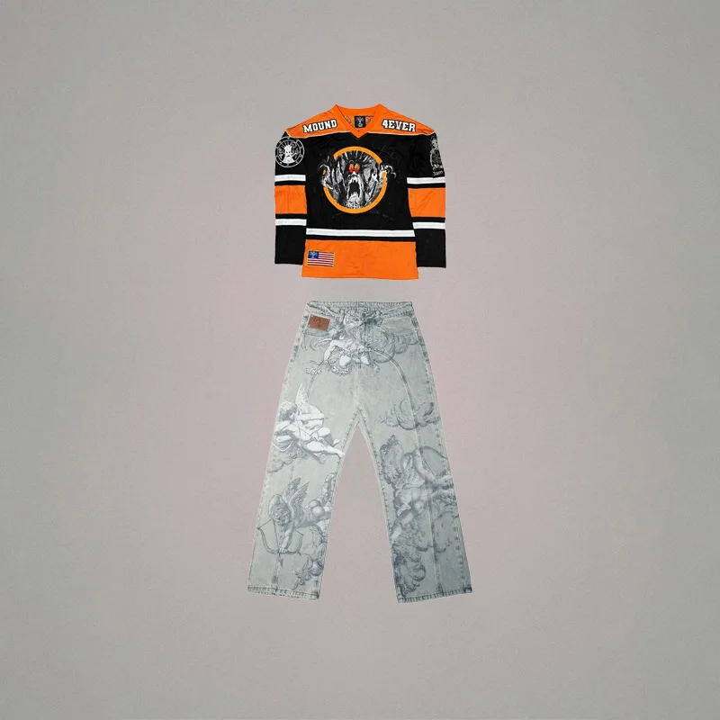

Y2K Men Sets Trendy Mesh Knitted Embroidered Hip Hop Long Sleeved Shirt Vintage Digital Printed Angel Baggy Straight Leg Pants