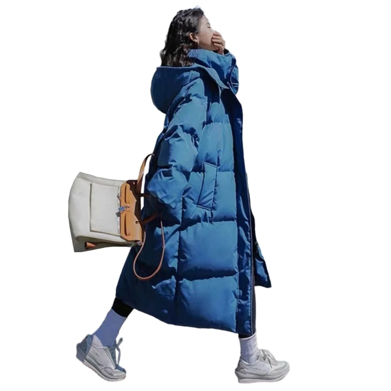 Women Winter Thickened Down Zipper Padded Hooded Long Puffer Coat