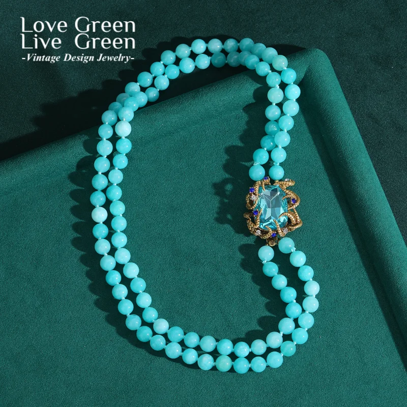 

Vintage Blue Crystal Beaded Necklace Natural Stone Pendant Layered Retro Beach Jewelry Designer For Women Accessories New 2025