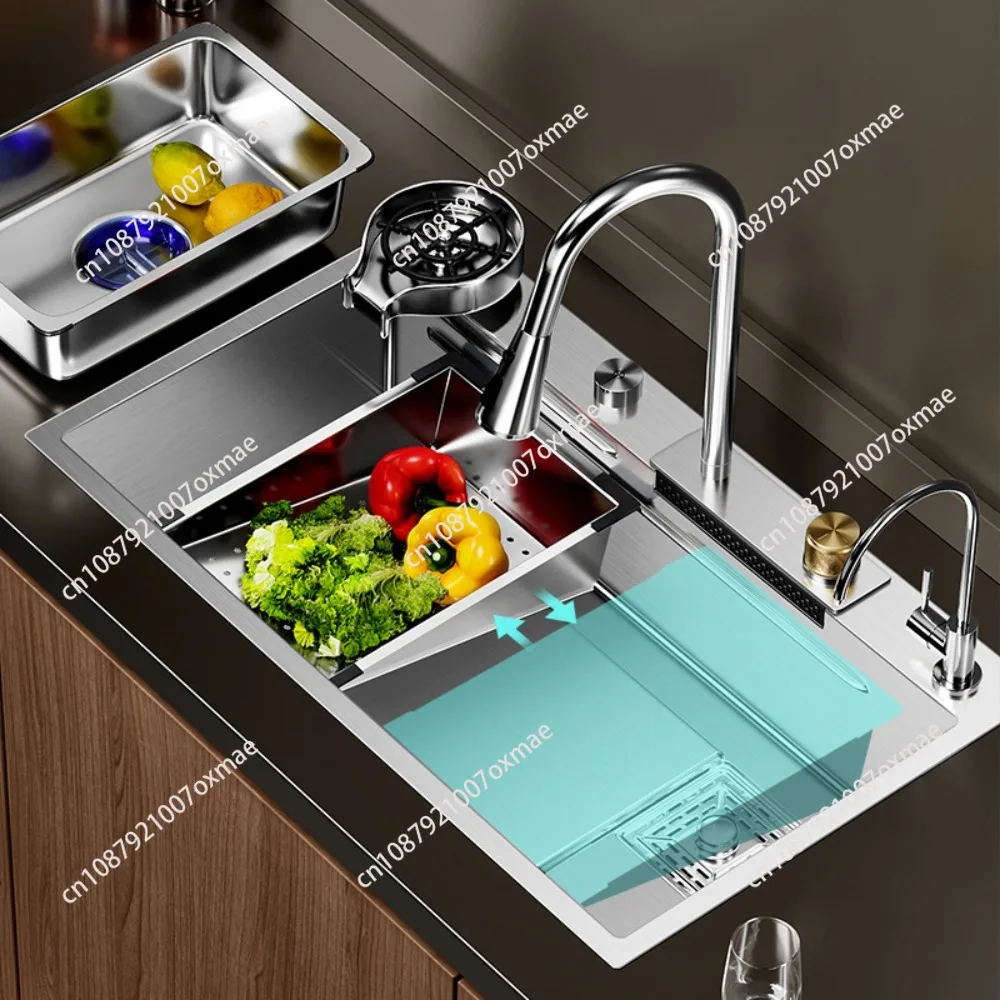 Nano 304 Stainless Steel Sink Waterfall Large Single Slot Kitchen Sink Vegetable Stainless Steel Household Sink