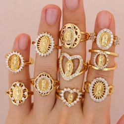 Classic Versatile Geometric Shape White Zircon Plated Gold Copper Virgin Mary Ring Women Daily Wearing Jewelry
