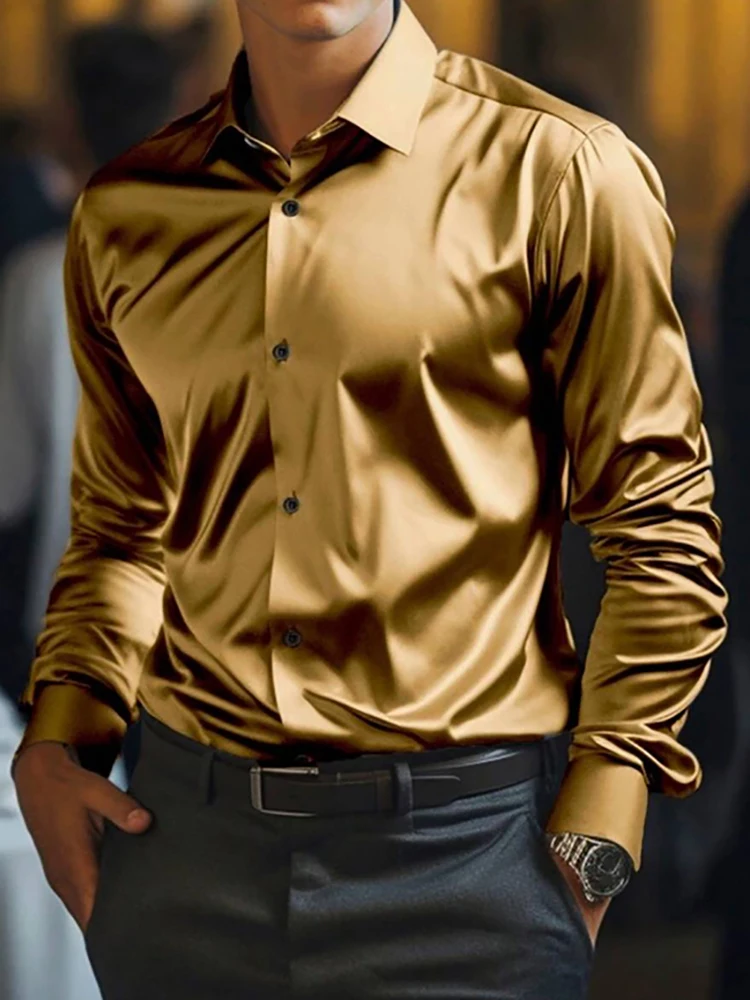 

Men's Elegant Gold Business Shirt Long Sleeve Formal Evening Office Party Prom For Male Single-Breasted Lapel Straight Shirts