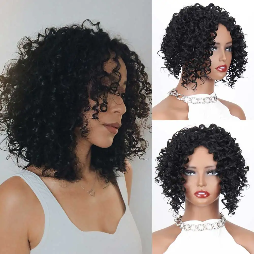 

Synthetic Short Afro Kinky Curly Black Wig hair toppers Heat Resistant Big Bouncy For Black Women Deep Wave Daily Use Wig