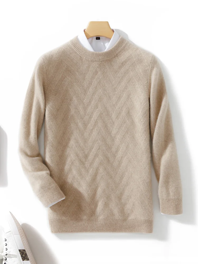 Pulôver de lã com decote em 0 masculino, suéter de cashmere manga comprida 100% lã merino, malhas, roupas casuais inteligentes básicas, tops, outono inverno