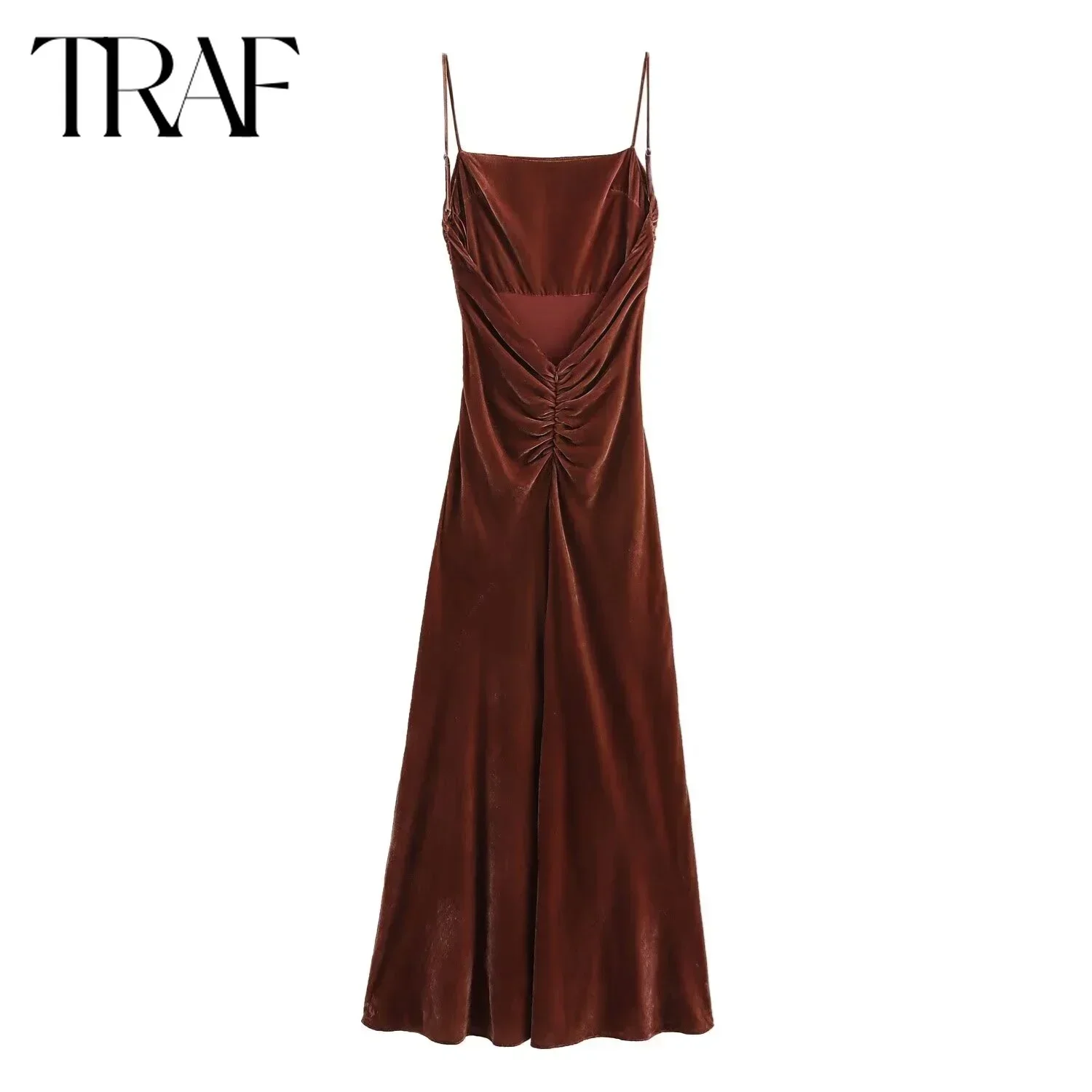 TRAF Velvet Dress for Women Fashion 2024 Autumn Winter New Slash Neck Folded French Elegant Long Dresses Chic Female Evening