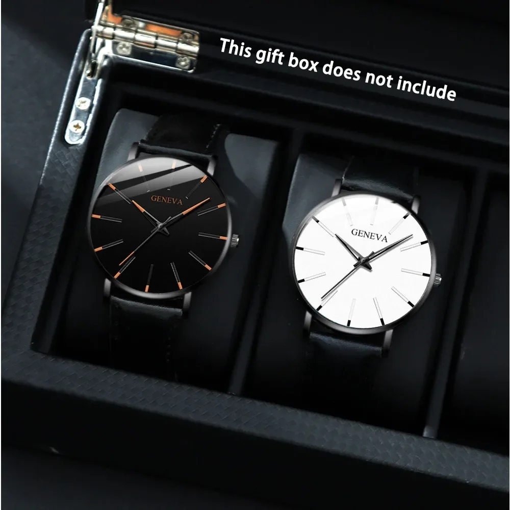 2pcs/set Fashion Mens Watch Round Analog PU Leather Strap Male Quartz  Wristwatch Ideal Choice for Halloween Gifts
