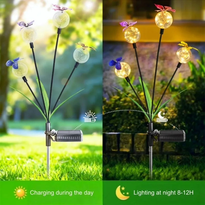 Solar Butterfly Swaying Firefly Garden Lights Waterproof Bobble Ball Path Lamp for Outdoor Lawn Yard Patio Landscape Decor