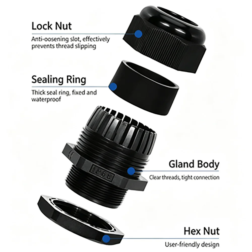 Nylon Cable Gland IP68 Waterproof PG7‑PG25 M8‑M24 Metric Thread Black Plastic Wire Connector for Electrical Sealing 20Pcs/Pack